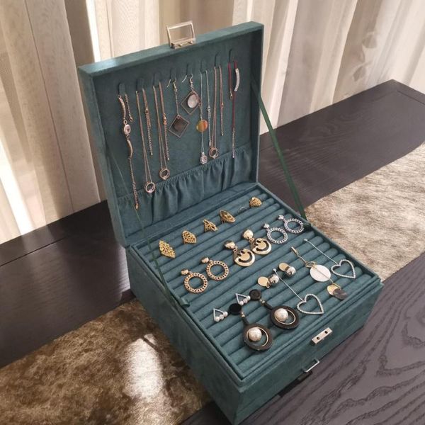 

double layer flannel jewelry box large capacity earrings storage box retro dark green jewelry display, Pink;blue