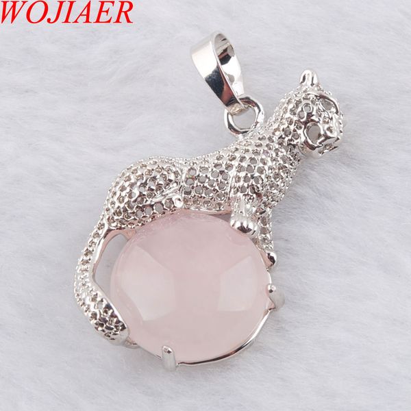 

wojiaer cute leopard pendants for round gem stone natural rose quartz healing charm jewelry dn3664, Silver