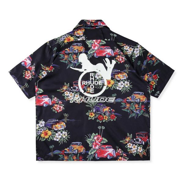 

2019 fashion luxury american allover rhude hawaiian vintage car flowers print short sleeves blouse men women tee casual shirt, White;black