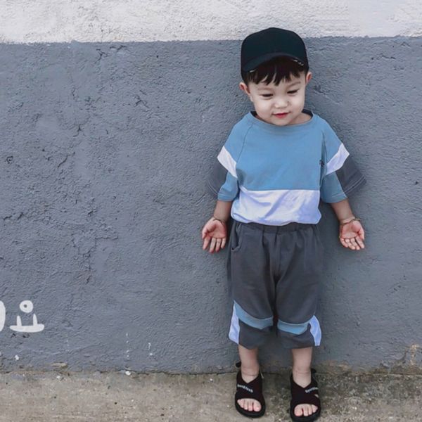 

2-7y summer children set baby boys short sleeve patchwork color t-shirt blouse+shorts casual 2pcs outfits set 3 colors, White