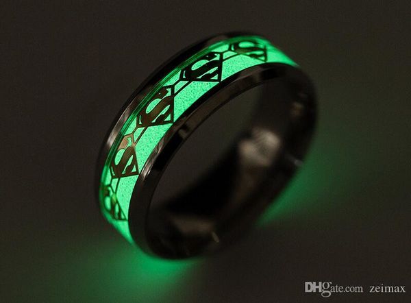 

superman rings mens ring luminous for men black gold silver stainless steel women rings glow in the dark male ring jewelry, Golden;silver