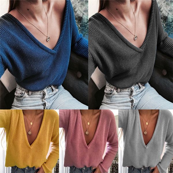 

deep v neck long sleeve womens knits spring loose womens tees, White