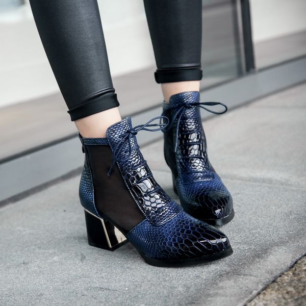 

fashion ankle boot snake print cross tie hoof high heels short boots pointed toe spring boots shoes spring woman shoe, Black
