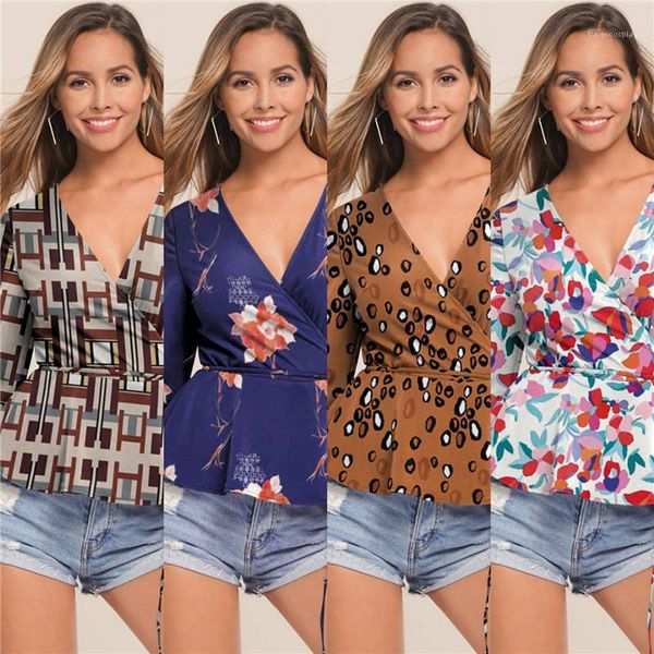 

шеи топы свободного покроя женщин тройники напечатано дизайнер женские футболки свободные колокол рукав дамы v, White