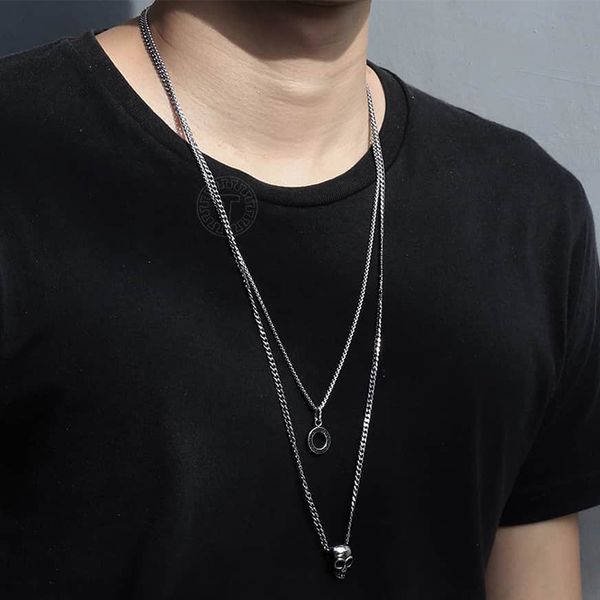 

double layer circle skull pendant charm choker necklace men women vintage punk curb cuban link chain fashion jewelry tns015, Silver