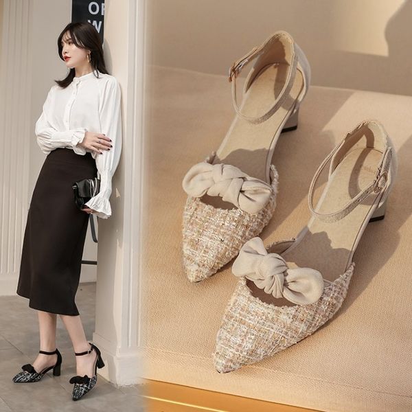 

pointed sandals female summer baotou sandals thin heels party shoes pointed toe slip on office ladie dress shoe plus size, Black