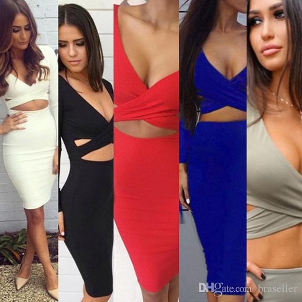 

женские v шеи длинным рукавом платья sexy midi pencil клуб бинты платье-футляр мода женщин одежда 10 цветов, Black;gray