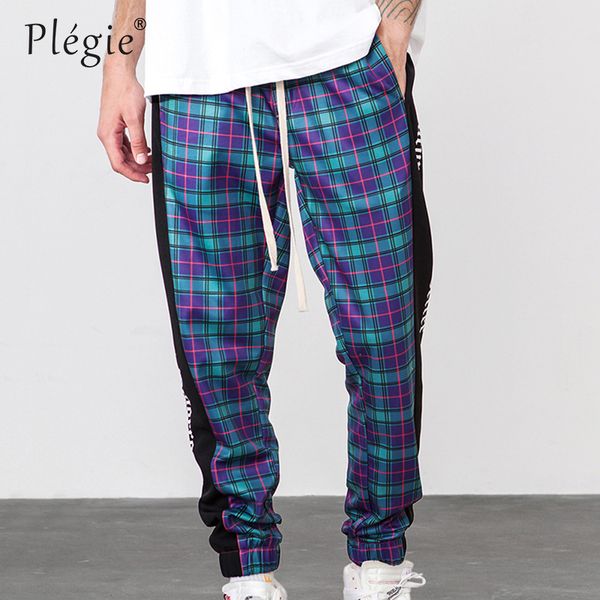

plegie hi-street new 2018 autumn sweatpants men casual pants drawstring waist skinny pants patchwork plaid trousers, Black