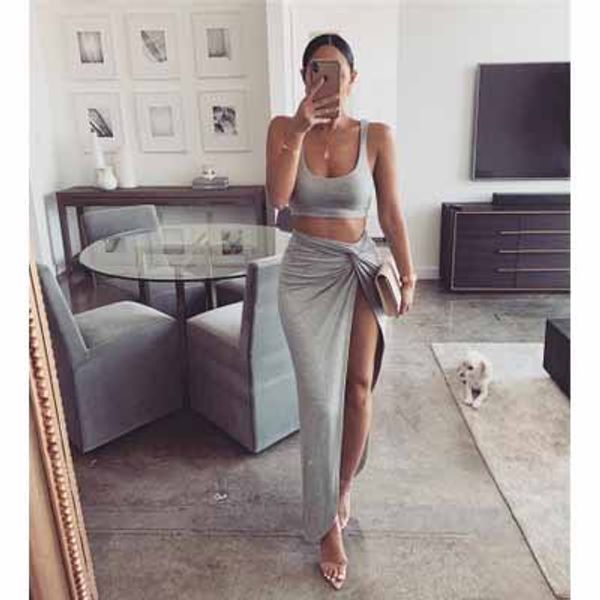 

womens two-piece sets womens casual solid color two piece dress sling mid-length skirts fashion high split skirts 2020 new trend summer wear, White