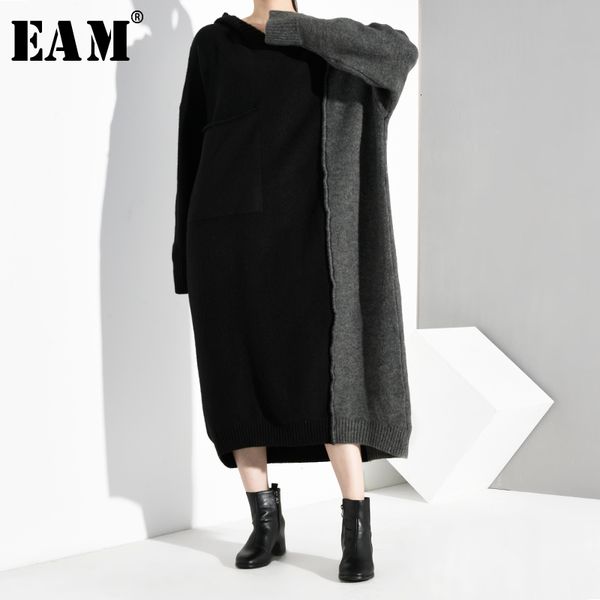 

eam] women knitted contrast color big size knitted dress new hooded long sleeve loose fit fashion spring autumn 2019 1k8330, Black;gray