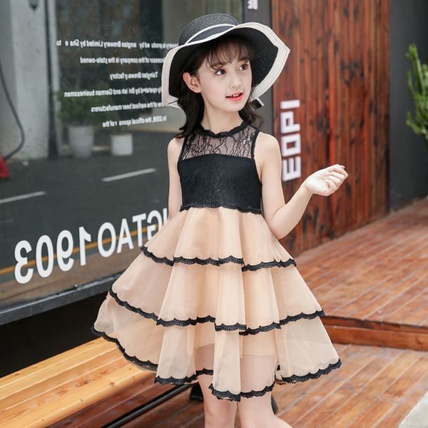 

new fashion patchwork girls dress draped princess dress spring tide korean children's summer big black bud dress, Red;yellow