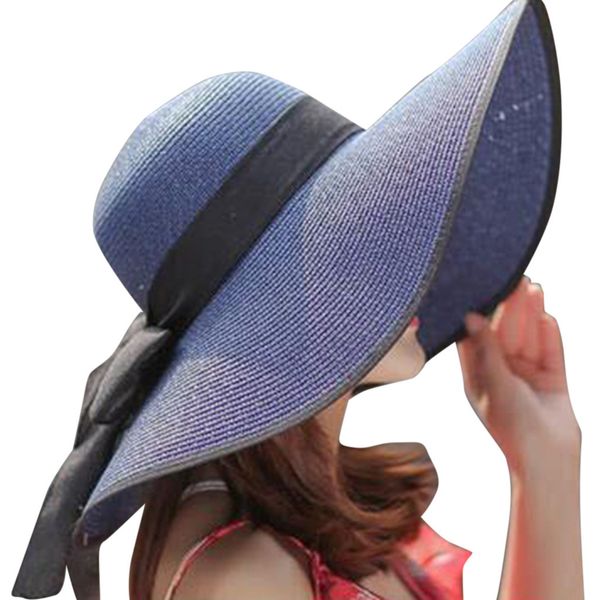 

new casual outdoor summer hats for women decorated women's sunscreen folding beach hat sun hat beach bow sun shade straw hats, Blue;gray