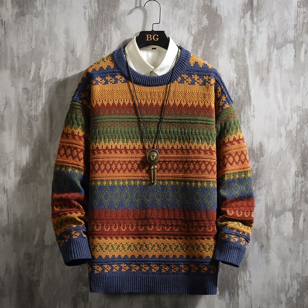 

men's sweater autumn/winter 2019 new slim striped print round neck sweater loose casual personality youth men's wear, White;black