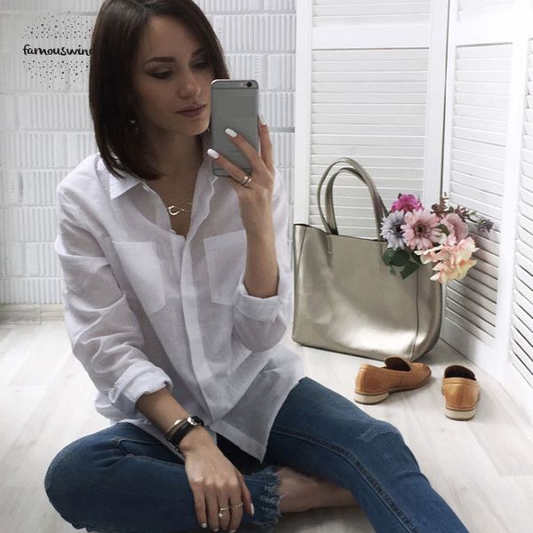 

5xl women loose brand shirt turn down collar long sleeve pocket camisas shirts mujer plus size white femininas 2019