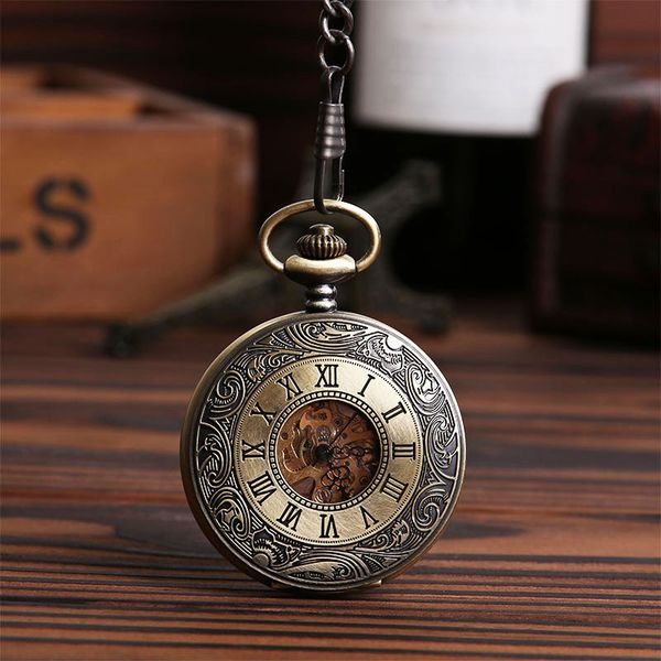 

wholesale perspective hollow mechanical watches mechanical roman pocket watch, Slivery;golden