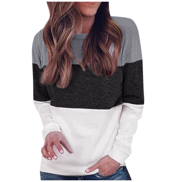 

patchwork color splice autumn hoodies casual long sleeved sweatshirts women's o-neck stitching print hoodie sweatshirt, Black