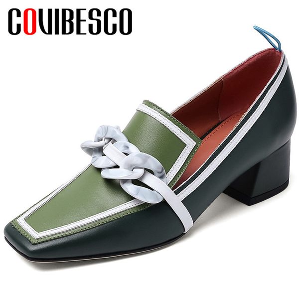 

covibesco 2020 fashion new arrival women pumps cow leather spring autumn office shallow square toe square heeled shoes woman, Black