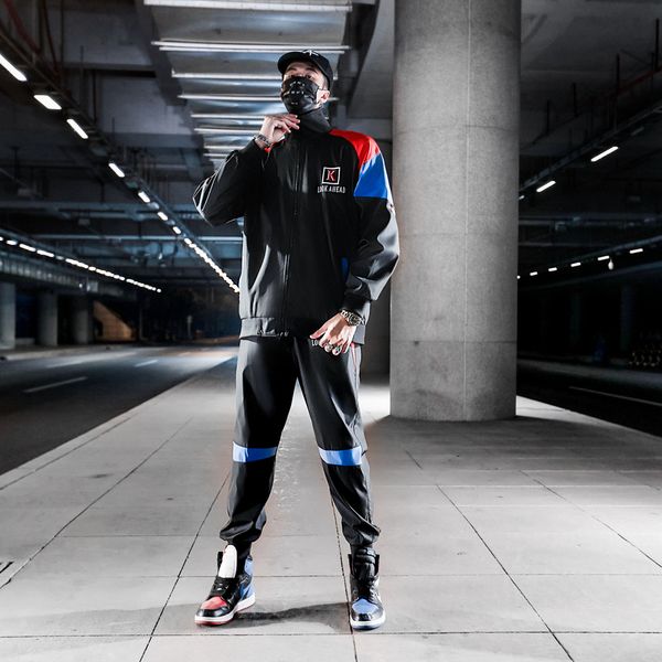 

mens tracksuits autumn spring new streetwear fashion hip hop letter print spell color spliced jacket jogger sweatpants men set, Black;brown