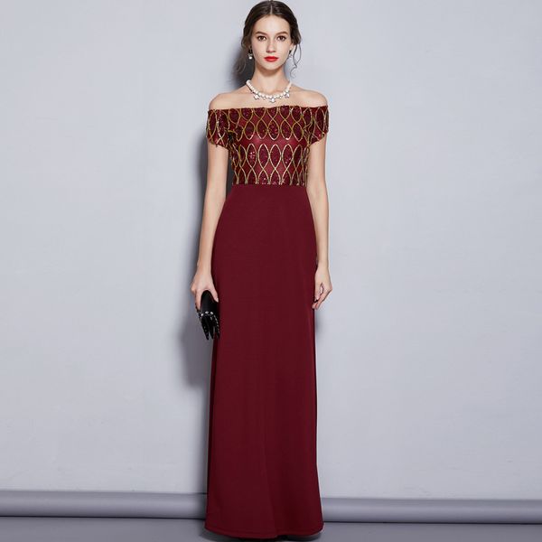 

women's runway designer dresses slash neckline off the shoulder sequined elegant party prom long dresses, Black