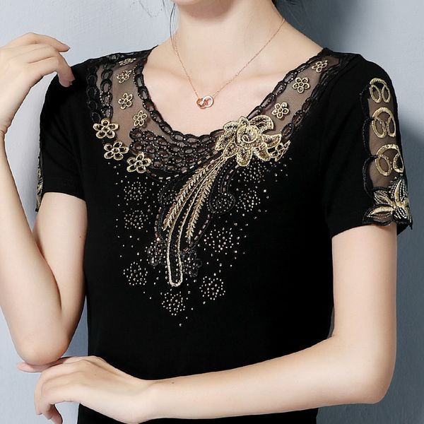 

4xl плюс размер женская рубашка с коротким рукавом мода лето вершины рубашка elegant стройный вышитые алмазные женщин блузка, White