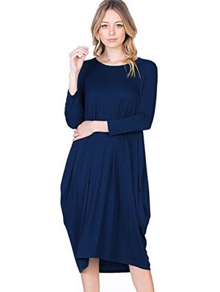 

12 ami round neck 3/4 sleeve tulip hem midi dress (s-xxl) - made in usa, Black;gray