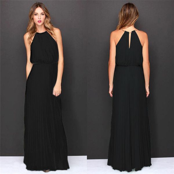 

elegant women designer dresses new fashion sleeveless halter pleated maxi dresses womens fashion full dresses, Black;gray