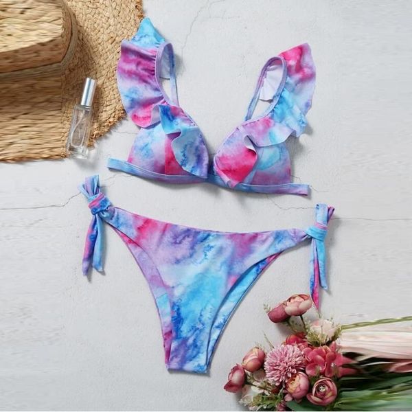 

tie-dye bikini 2020 lace up high cut leg halter bikini set two piece bandage swimsuit butterfly sleeve swimwear women