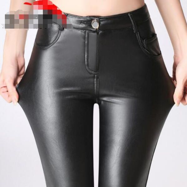 

winter pants woman faux leather trousers with velvet high waist thicken legging skinny pencil pants for work dv78, Black;white