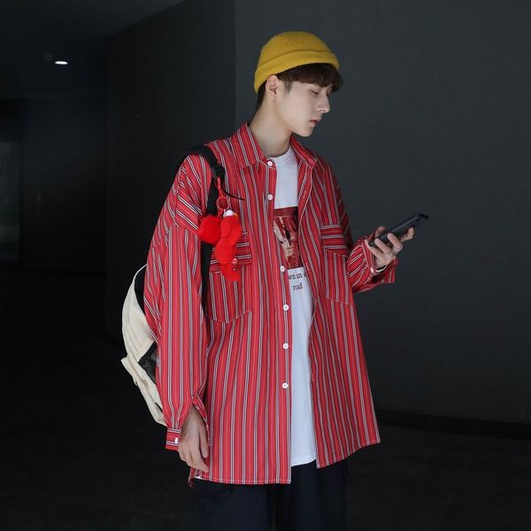 

2019 autumn japanese retro street korean version of the striped casual loose long-sleeved tide shirt cotton large size, White;black