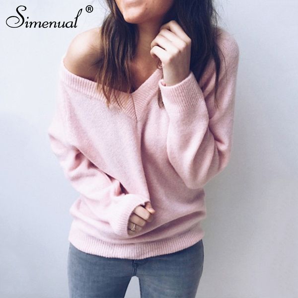 

simenual v neck women sweaters and pullovers knitted autumn winter clothing solid basic slim pullover female jumper sweater lady, White;black