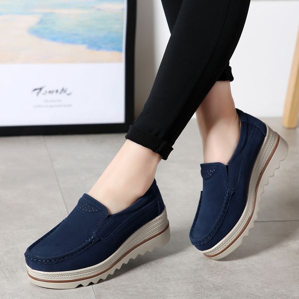

2019 spring women flats shoes platform sneakers slip on flats leather suede ladies loafers moccasins casual shoes women creepers, Black