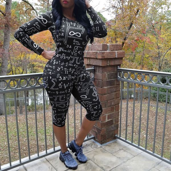 

Womens Two Piece Sets Math Formulas Skinny Suits Black Printed 2Pcs Pants Fashion Women Sexy Clothing