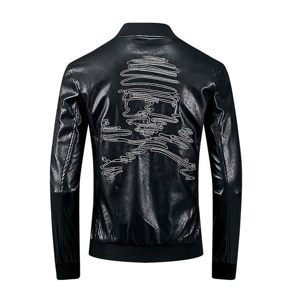

aboorun mens skull embroidery leather jacket motorcycle biker pu leather jacket autumn casual outwear male r2588, Black