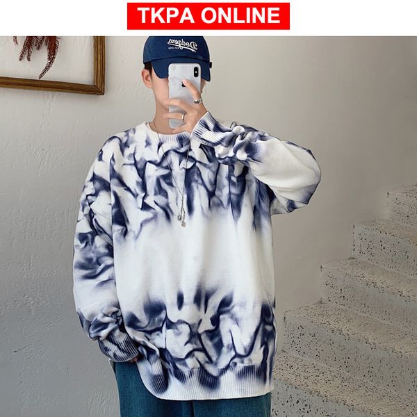 

men korean tie dye sweater for 2020 winter japanese streetwear sweater pullover couple christmas male harajuku clothing, White;black