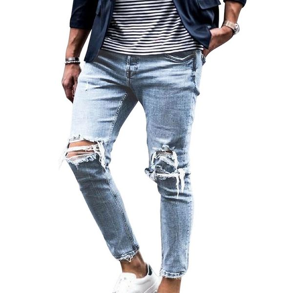 

oeak men's ripped skinny distressed destroyed slim fit stretch biker jeans pants with holes male autumn denim trousers bottom, Blue