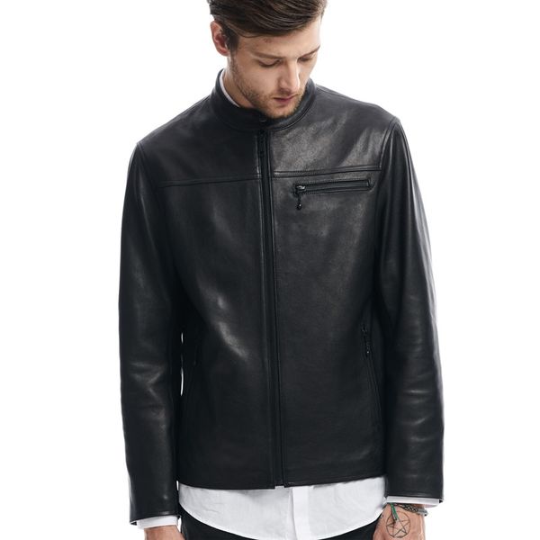 

2018 new arrivals men's stand collar genuine leather jacket simple style casual motorcycle jacket hight quality leather coat, Black