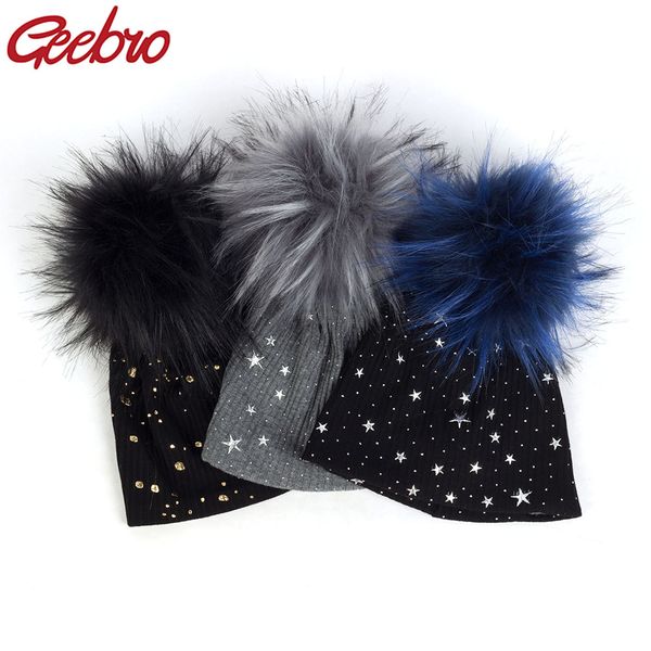 

geebro soft splatter paint star ribbed cotton beanies with faux fur pompom for newborn baby girls boys autumn winter kids hats