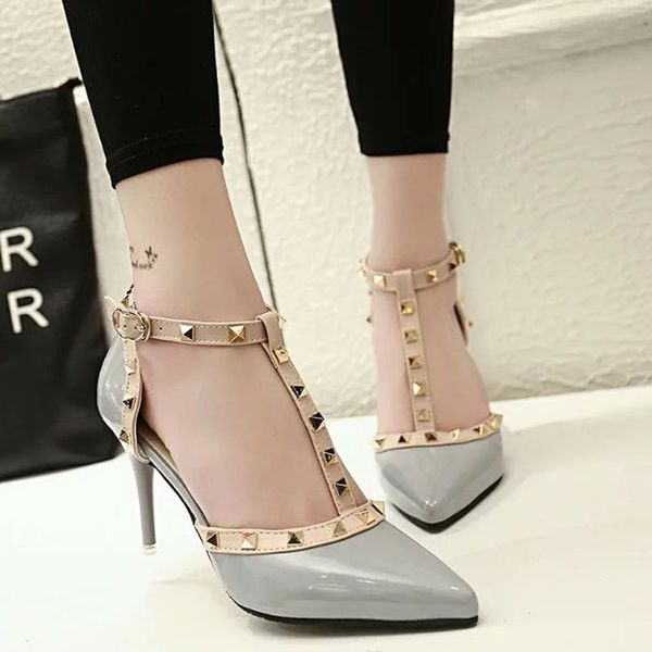 

2016 summer sandals women fashion rivet high-heeled shoes t-tied wedding sandals thin heels pumps slippers valentine shoes woman, Black