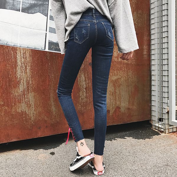 

new style capri pants women's elasticity skinny pants high waist jeans creased retro with holes rope wear trousers-slimming, Blue
