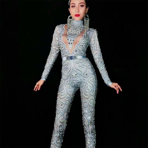 

stage costumes for singer sparkly crystal rhinestone jumpsuit celebrate nightclub stage wear bodysuit customes women dress, Black;red