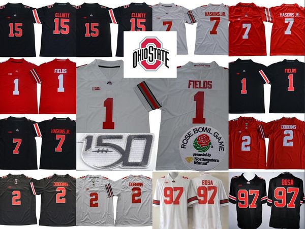 

ohio state buckeyes 1 justin fields 2 jk dobbins 15 elliott dwayne haskins jr. nick bosa osu rose bowl 2019 ncaa 150th jersey, Black;red