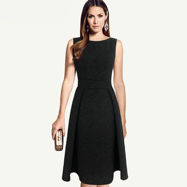 

lcw womens elegant vintage floral jacquard fabric tunic slim modest casual work party evening a-line skater dress, Black;gray