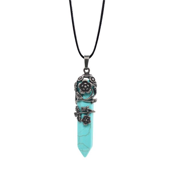 

vintage antique silver color 58x15mm hexagonal column natural stone pendant necklacewire wrapped roses flowers necklaces necklaces pendants