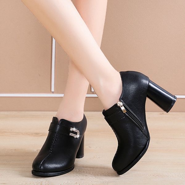 

new fashion ankle boots for women zipper crystal solid high heels boots round toe square heel winter party #0819, Black