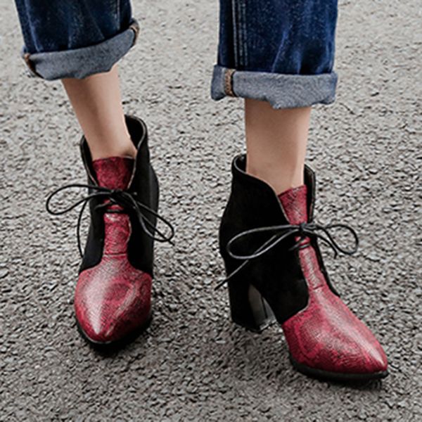 

fashion mixed colors laced women's boots snake grain pointed toe ankle boots square heels vintage women chaussures femme, Black