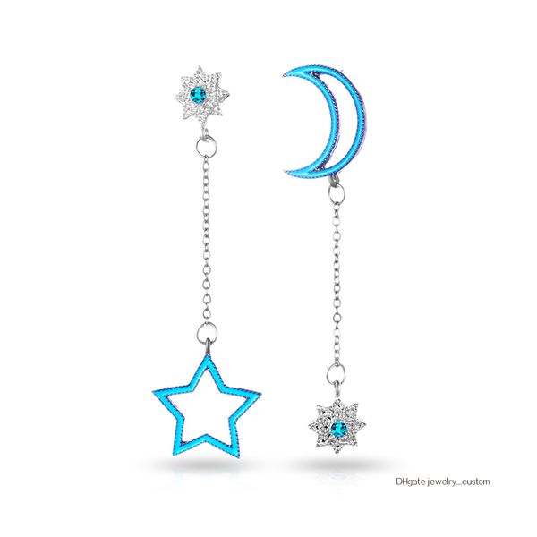 

Blue Color Moon And Star Asymmetric Earrings Personalized Statement Earrings For Lady Gift Fashion Jewelry Wholesale E0467