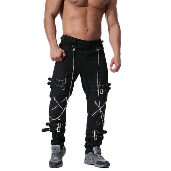 

vintage trousers males cool casaul clothes teenagers hiphop streetwear cargo pants spring mens designer punk rock metal chain, Black