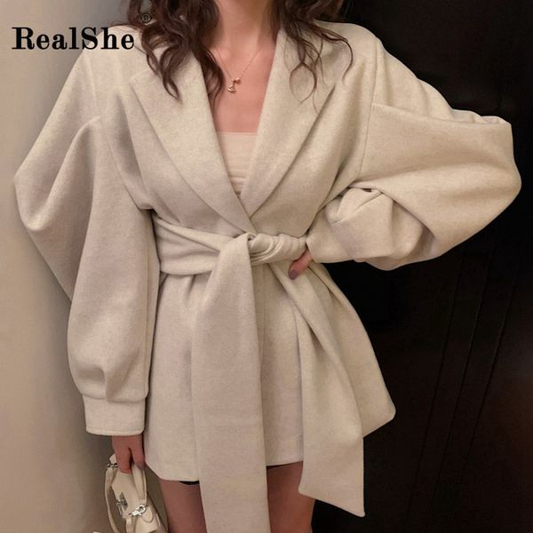 

realshe long trench turn-down long puff sleeve sashes women's trench coat women spring casual elegant solid wool coat women, Black