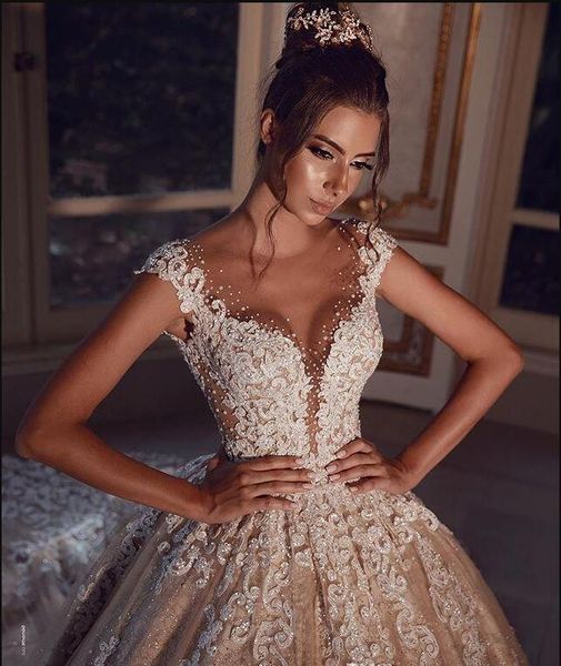 

luxury champagne wedding dresses beaded appliqued sheer jewel neck arabic robes de mariÃ©e country bridal gowns ball gown wedding dress, White