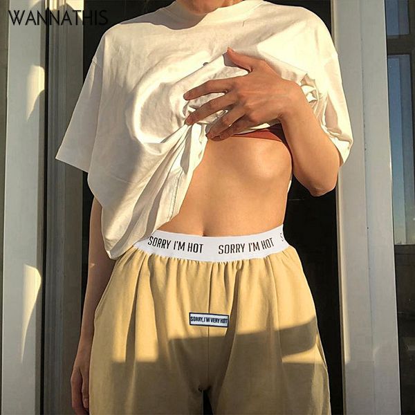 

wannathis причинного упругого hight талии женщина sweatpants хлопок сплошной фронт письмо вышивка штаны сыпучего jogger trouse мягких, Black;white